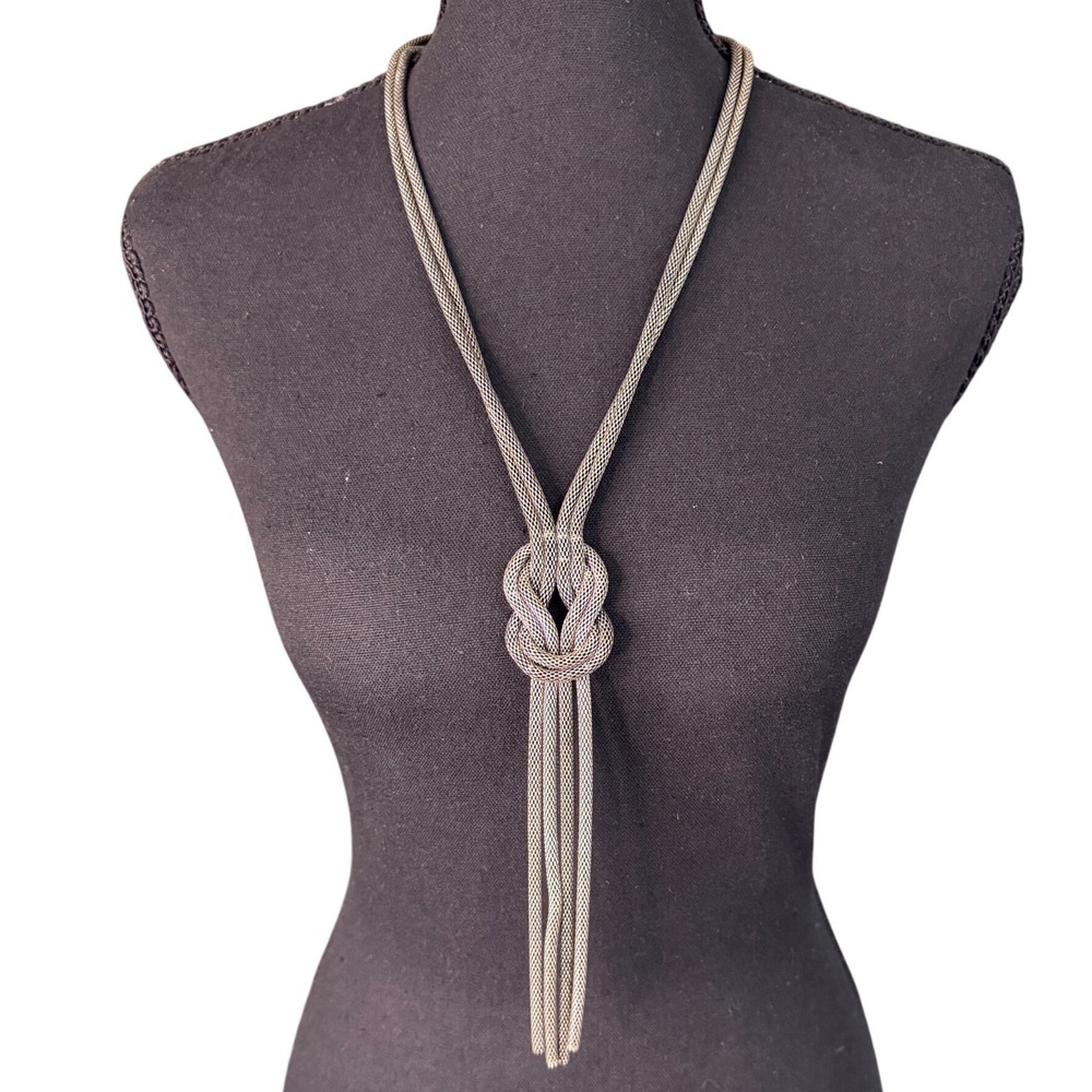 Silver Tone Mesh Knot Tassel Lariat Necklace Modern Minimalist Statement Jewelry